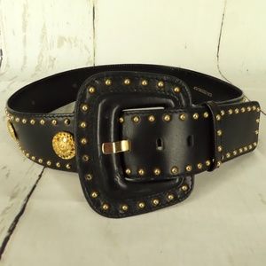 Vintage Escada Black Leather Belt Gold Studs L